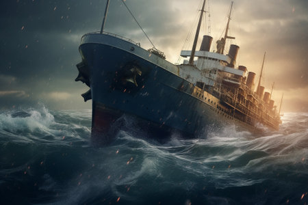 Ship in stormy sea. 3D illustration. Vintage style.の素材