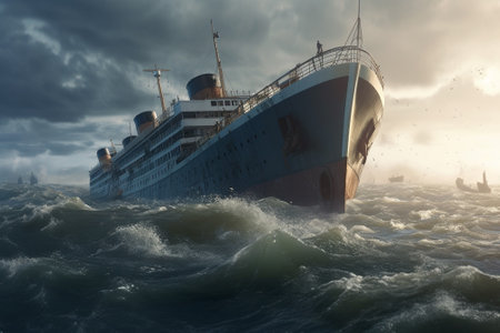 Cruise ship in stormy sea. 3d render illustration.の素材