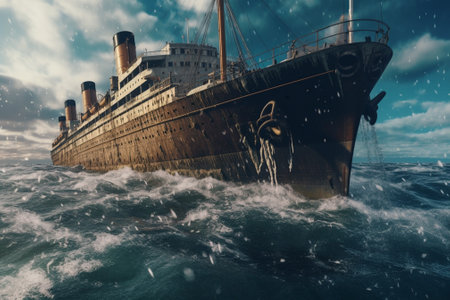 Sunken ship in stormy sea. 3d illustration.の素材