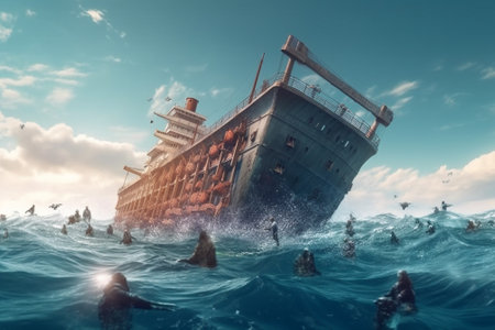 Pirate ship in the sea. 3D render. Vintage style.の素材