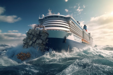 Cruise ship in the ocean. 3D render. Conceptual image.の素材