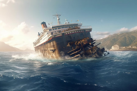 Ship in the sea. 3D rendering. Computer digital drawing.の素材
