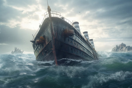 Wreck of the old ship in the stormy sea. 3d renderingの素材