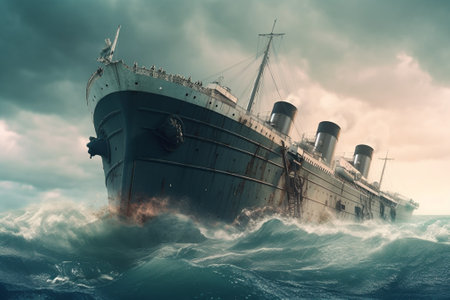 Abandoned ship in stormy ocean. 3D Renderingの素材
