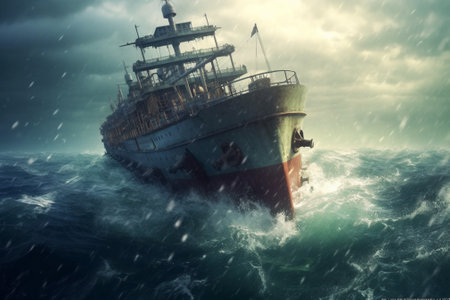 Old ship in the sea under the rain. 3D illustration.の素材