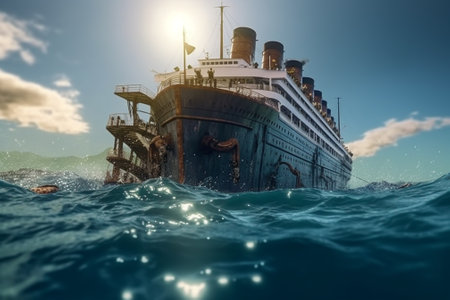 Old ship floating in the sea. 3d illustration. Vintage style.の素材