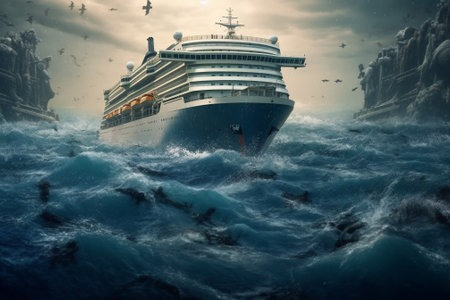 Cruise ship in stormy sea. Fantasy world. 3D renderingの素材