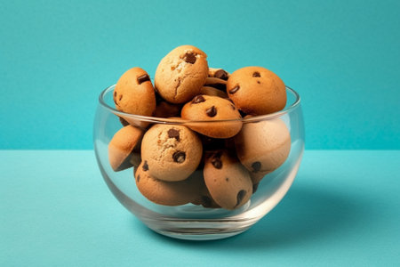 Chocolate chip cookies in a glass bowl on a blue background.の素材