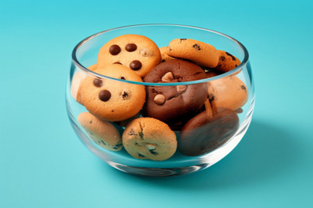 Chocolate chip cookies in a glass bowl on a blue background.の素材
