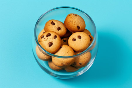 Chocolate chip cookies in a glass bowl on a blue background.の素材