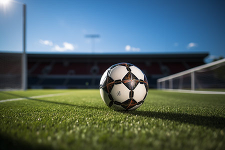 Soccer ball on the green grass of stadium. 3d renderingの素材
