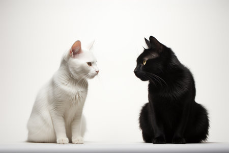 Black and white cat sitting and looking at each other on white backgroundの素材