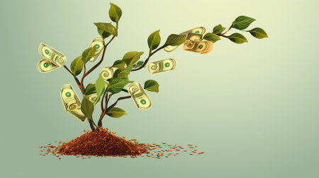 Money tree growing from a pile of dollars. Conceptual image.の素材