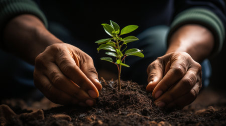 Close up of a man's hands planting a tree in the groundの素材