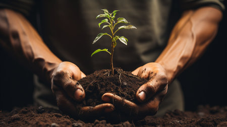 Close-up of young man hands holding green seedling in soilの素材
