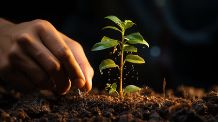 Human hand watering green seedling on fertile soil with water dropletの素材