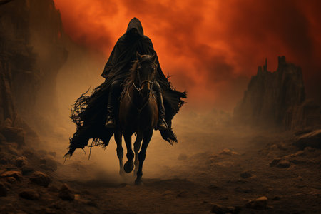 Witch with a black cloak riding on a horse in the desertの素材