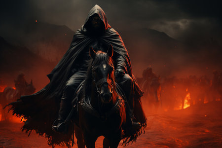 Horseman with a hood and cloak against the background of fire.の素材