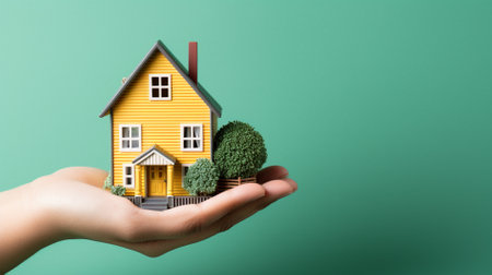 Hands holding model of house on green background. Real estate conceptの素材
