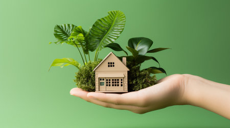 Hand holding house model with green plant on green background. Real estate conceptの素材