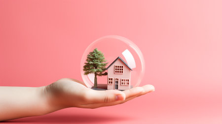 Little house in a crystal ball on a pink background. Conceptual image for real estate, property, mortgage, investment, saving money.の素材