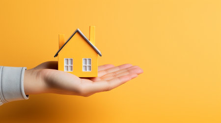 House model in woman hand on yellow background. Real estate concept.の素材