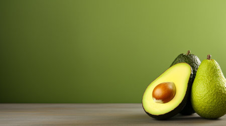 Avocado and hazelnut on wooden table against color background. Space for textの素材