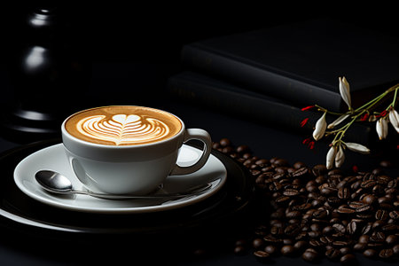 Cup of coffee with latte art on black background, stock photoの素材