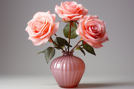Pink roses in a vase on a gray background with copy spaceの素材