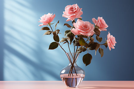 Pink roses in a vase on a blue background. 3d renderingの素材