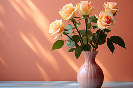Bouquet of roses in a vase on a wooden tableの素材