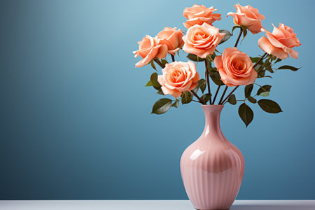 Orange roses in vase on blue background. 3D rendering.の素材