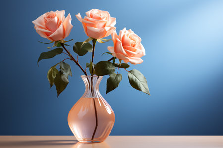 Beautiful roses in vase on blue background. 3d renderingの素材