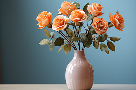 Orange roses in vase on wooden table and blue wall background.の素材