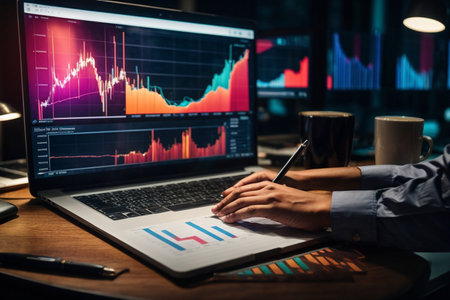 Businessman analyzing investment charts with laptop. Business and financial concept.の素材