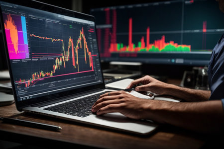 Close up of businessman working on laptop computer. Stock market or forex trading concept.の素材