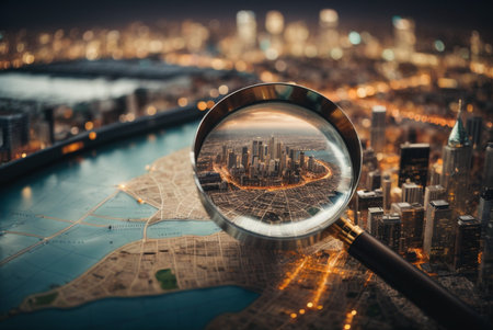Magnifying glass over a map of Chicago, Illinois, USA.の素材