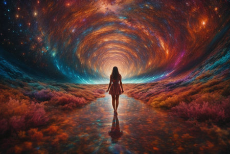 3d illustration of a beautiful woman walking through a surreal space.の素材