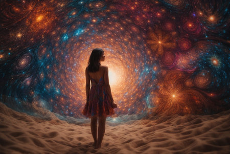3D illustration of a beautiful woman in the desert surrounded by stars.の素材