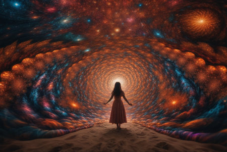 Woman in the middle of a tunnel of stars. 3D renderingの素材