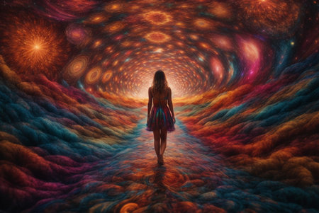Beautiful woman walking in a surreal space. 3D rendering.の素材