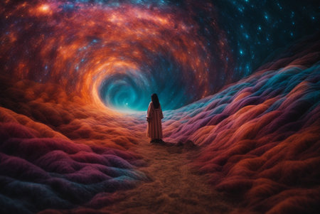 Mysterious woman with long hair standing in the middle of a surreal spaceの素材