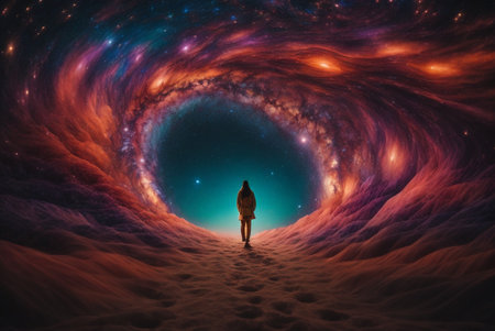 Man walking towards the universe. 3D Rendering. Space background.の素材
