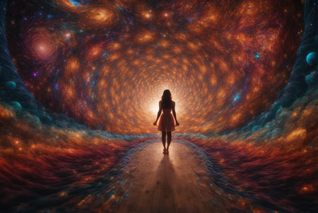 Woman walking on a dark path through a cosmic tunnel. 3D renderingの素材