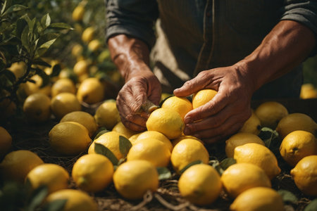 Close-up of a man's hands picking lemons in the gardenの素材