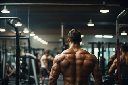 Handsome young muscular Caucasian man working out in a gym gaining weight pumping up muscles and poses fitness and bodybuilding conceptの素材