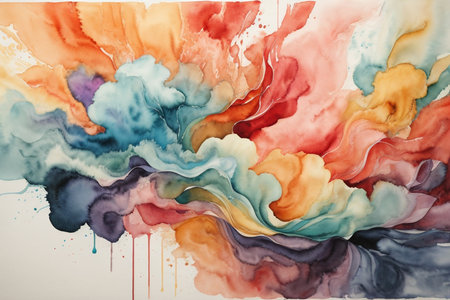abstract watercolor background with multicolored ink splashes on paperの素材