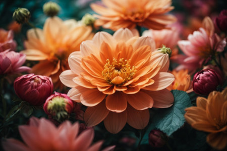 Colorful dahlia flowers in the garden, vintage tone.の素材