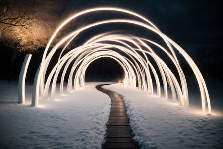 Illuminated walkway in the park at night in winter.の素材