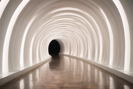Interior of a tunnel with white light in a modern building.の素材